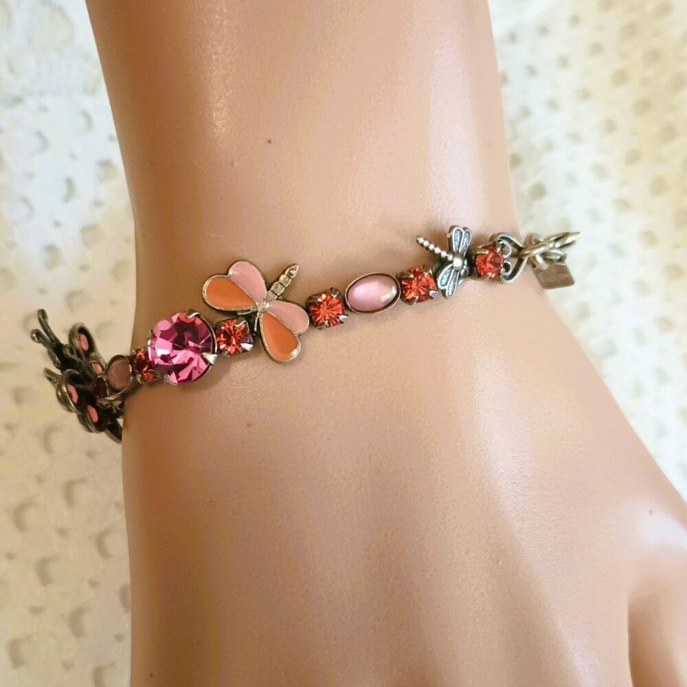 Mary Demarco La Contessa Bracelet 7" Whimsical Butterfly & Flowers Pink Crystals